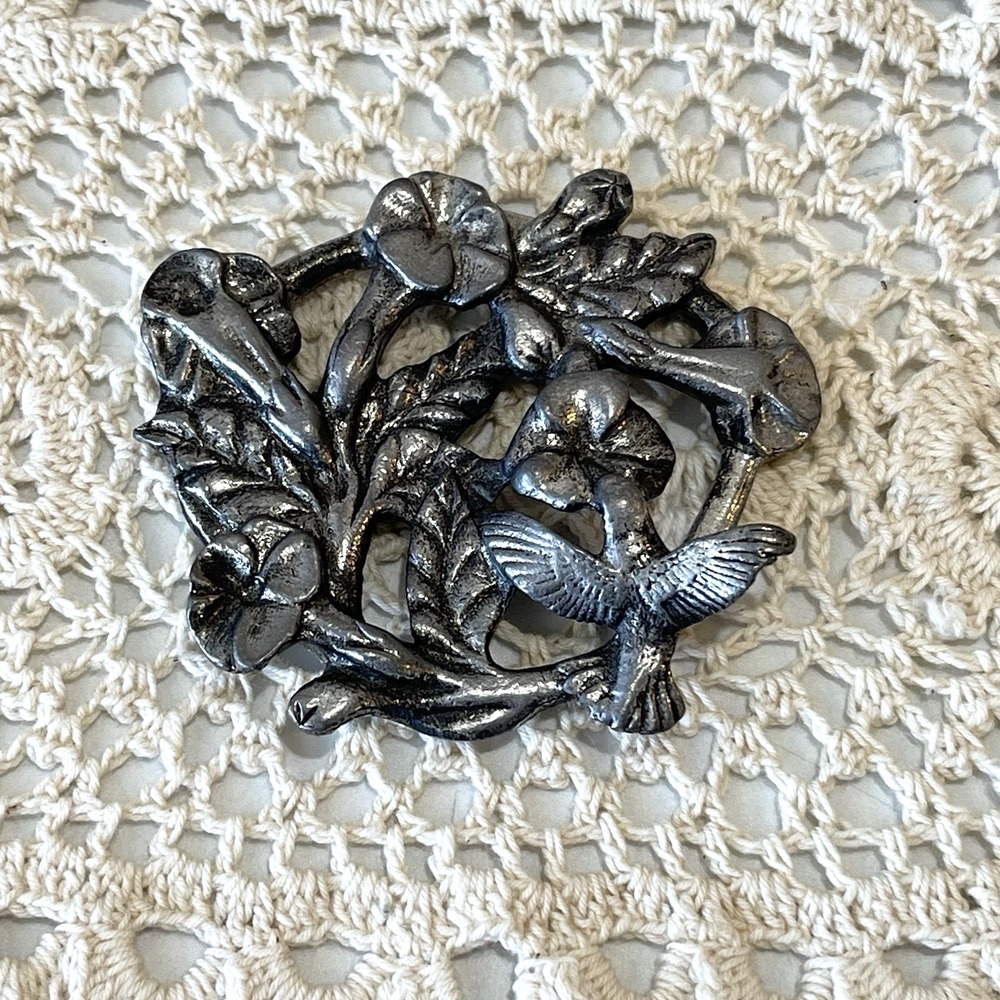 Vintage 1986 Metzke Pewter Potpourri Dish Lid Hummingbird Morning Glory Flowers
